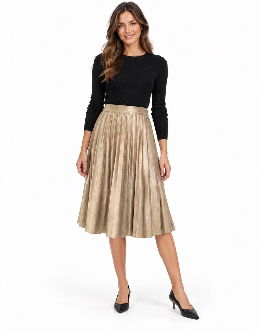 Anthropologie Maeve Metallic Gold Pleated Midi Skirt
